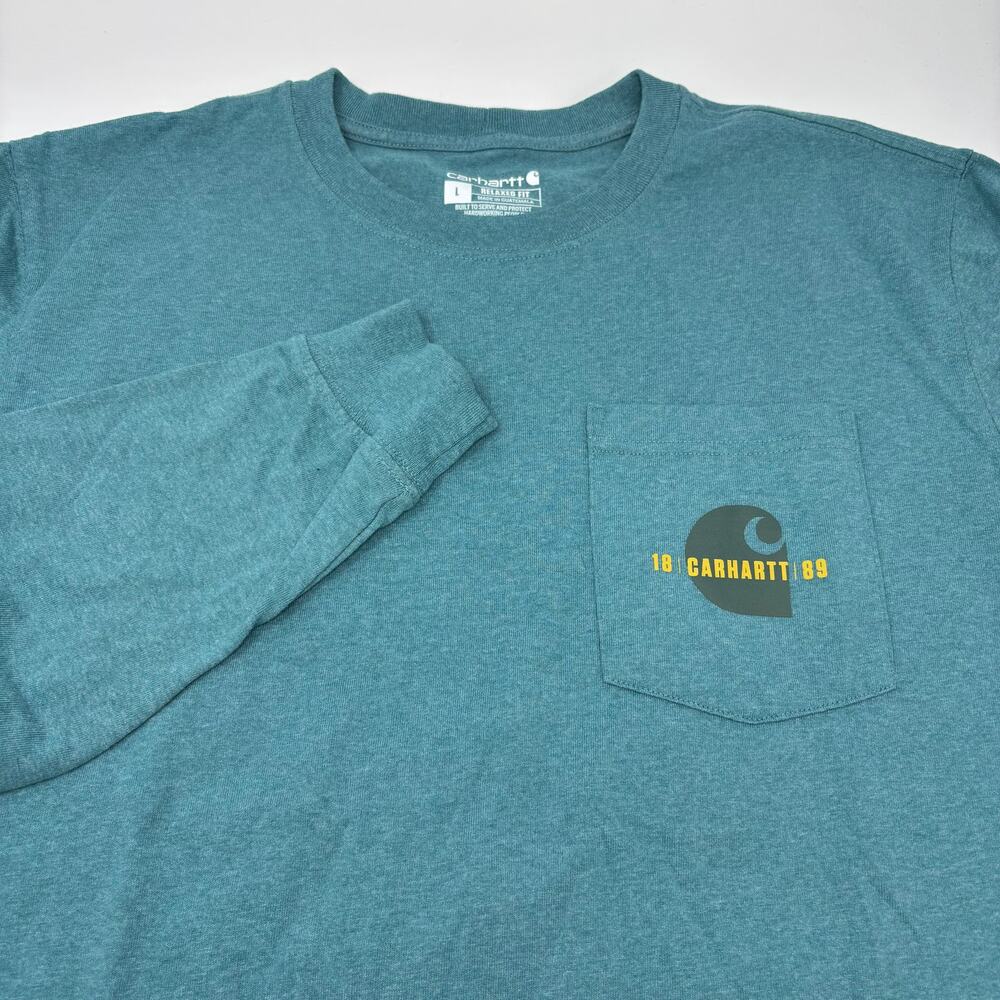 Carhartt Mens Large Green Relaxed Fit Long Sleeve Crewneck Logo Shirt